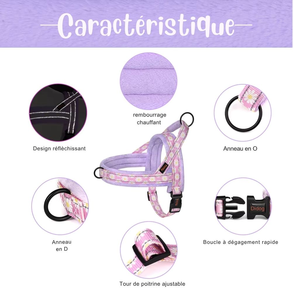 Harnais Rembourré pour Chien – Ajustable, Chaud, Floral & Doux (Tailles M-L-XL)