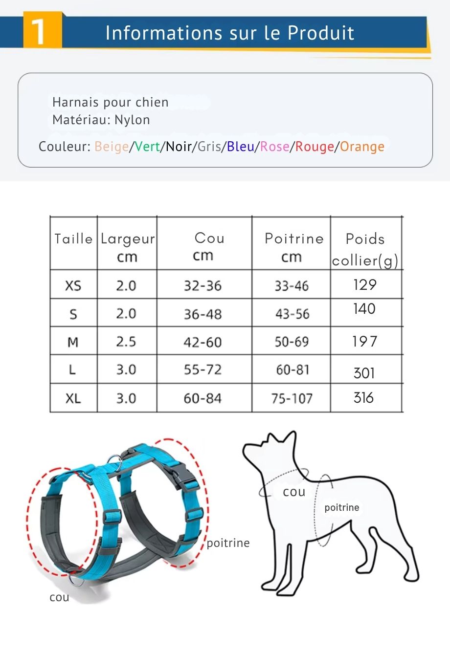 Harnais H pour chien réfléchissant sans traction – Confort, réglable, nylon lavable, anti-tirage –