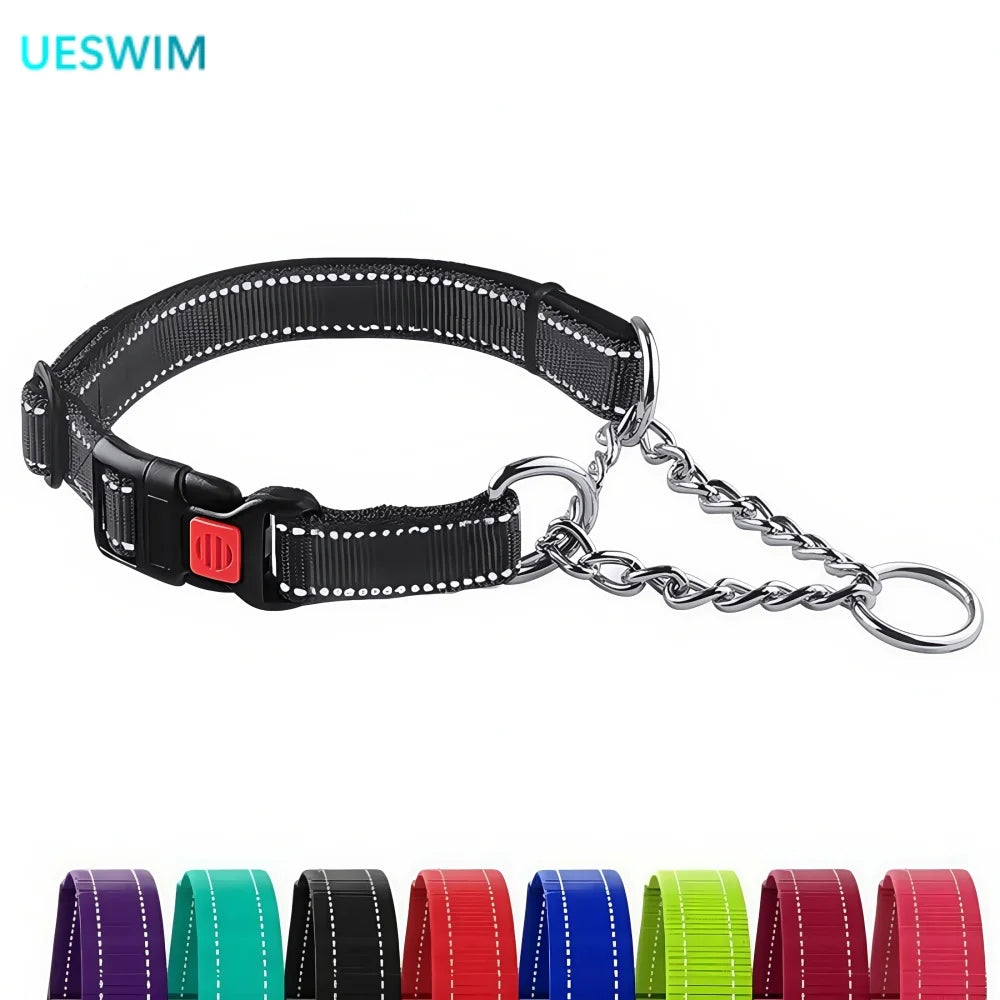 Collier Martingale Antidérapant Réglable pour Chiens – Nylon Réfléchissant et Chaîne Inox | Anti-Traction & Sécurité Totale