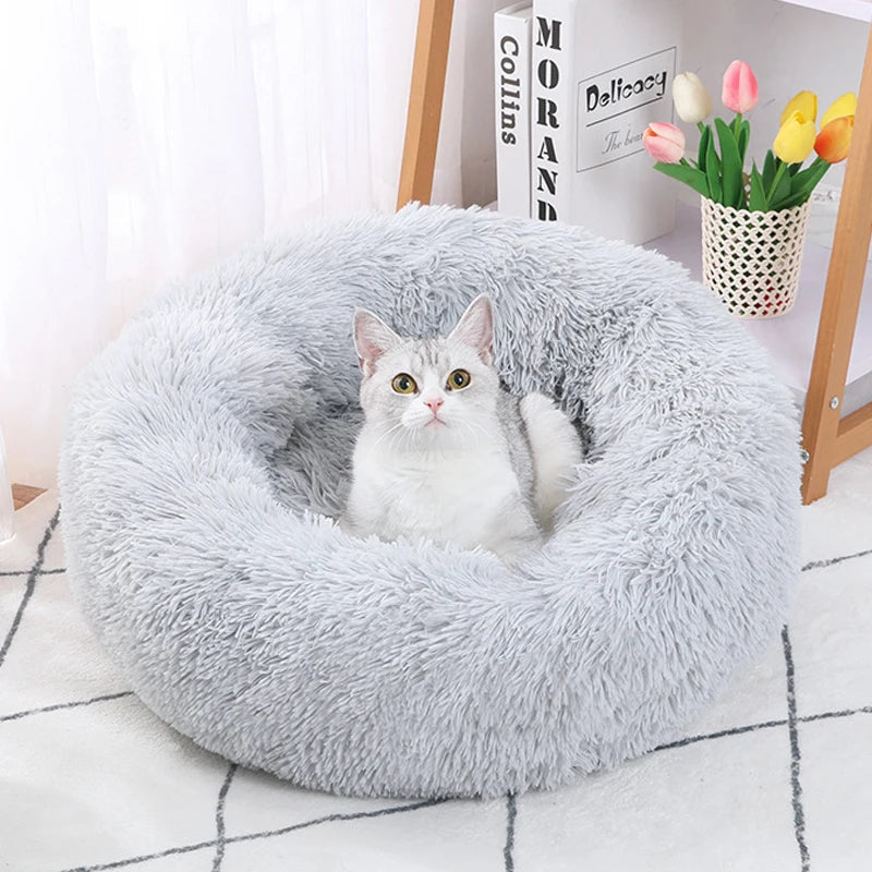 Lit rond pour animaux de compagnie, 40-60cm, pour grand chien, lit Super doux pour chat, Long panier en peluche, coussin, lit pour chat, tapis pour animaux, canapé de couchage