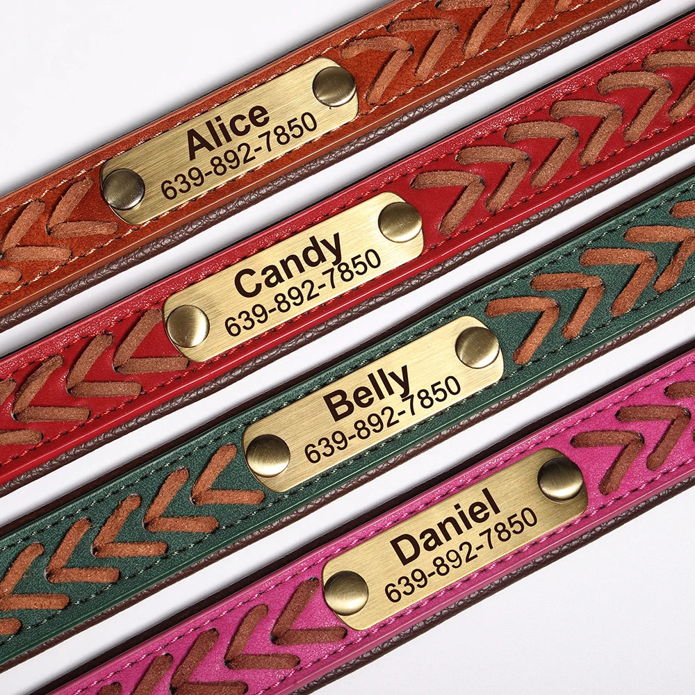 Collier pour chien personnalisé en cuir véritable – Gravure du nom & numéro – Collier d’identification confortable pour petits, moyens et grands chiens (Chihuahua, Labrador, etc.)