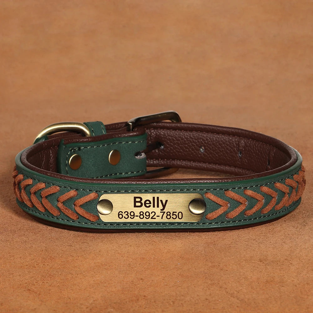 Collier pour chien personnalisé en cuir véritable – Gravure du nom & numéro – Collier d’identification confortable pour petits, moyens et grands chiens (Chihuahua, Labrador, etc.)