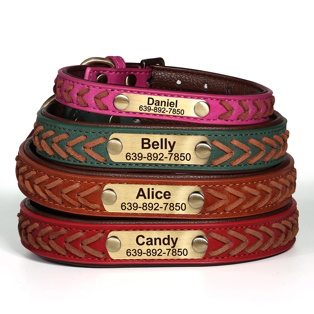 Collier pour chien personnalisé en cuir véritable – Gravure du nom & numéro – Collier d’identification confortable pour petits, moyens et grands chiens (Chihuahua, Labrador, etc.)