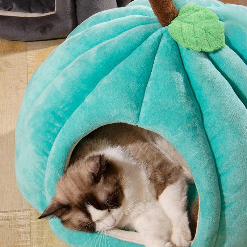 Maison Semi-Fermée Citrouille 3D pour Chat & Petit Chien – Panier Chaud Hiver, Coussin Amovible, Antidérapant, Ultra-Doux (Coton PP Épais)