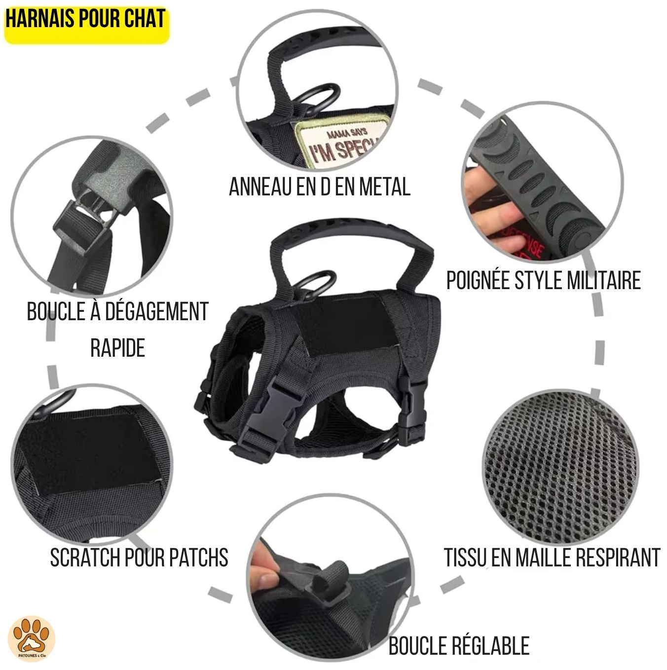 Harnais tactique pour chat et petit chien – Sécurité, confort et style militaire disponible en plusieurs couleurs